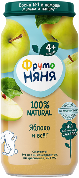 Изображение Пюре фруктовое с 4 мес Фрутоняня яблоко натуральное Прогресс с/б, 250 г