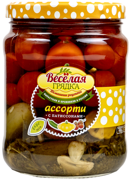 Изображение Ассорти овощное маринованное Веселая Грядка с патиссонами Меленковский КЗ с/б, 950 г