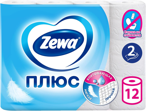 Изображение Туалетная бумага 2х слойная Зева плюс белая 2496 листов ЭвоКом м/у, 12 шт