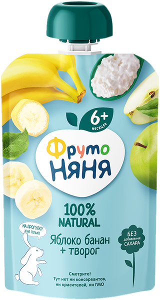 Изображение Пюре фруктовое с 6 мес Фрутоняня творог яблоко банан Прогресс пауч, 90 г
