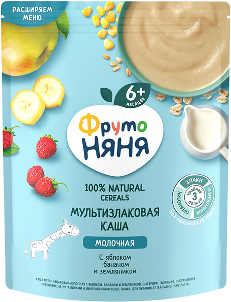 Изображение Каша с 6 мес с молоком Фрутоняня мультизлак яблоко банан Прогресс м/у, 200 г