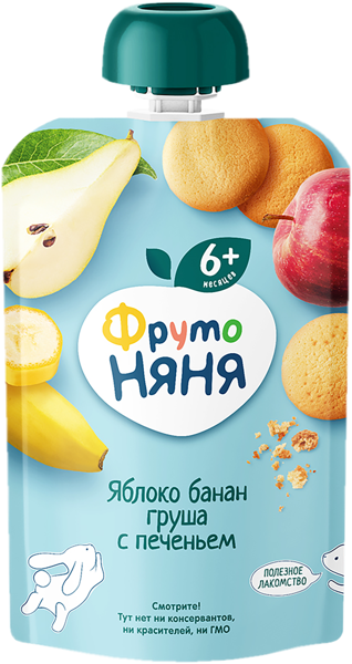 Изображение Пюре фруктовое с печеньем с 6 мес Фрутоняня яблоко банан груша Прогресс пауч, 90 г