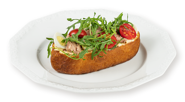 Изображение :Брускетта с творожным соусом С тунцом томатами черри перепелиным яйцом СП ТАБРИС пл/уп, 140 г