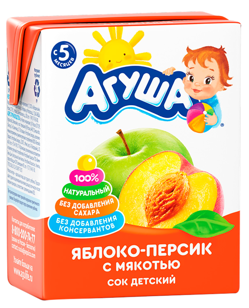 Изображение Сок с 5 мес без сахара Агуша яблоко персик ВБД т/п, 200 мл