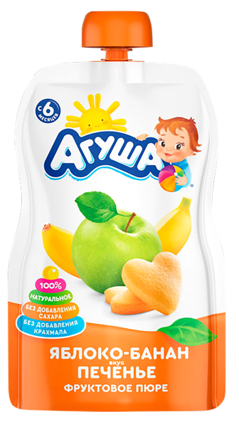 Изображение Пюре фруктовое с 6 мес Агуша Я сам яблоко банан печенье ВБД пауч, 90 г