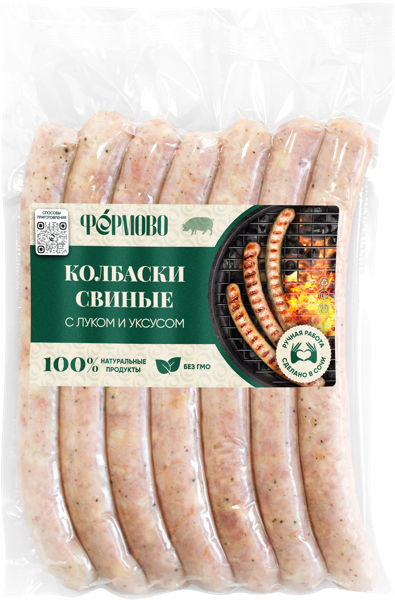 Изображение Полуфабрикат охлажденный Фермово колбаски свиные с луком ИП Кудрин Г.А в/у 