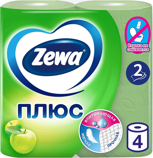 Изображение Туалетная бумага 2х слойная Зева плюс яблоко 832 листа ЭвоКом м/у, 4 шт