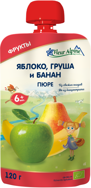 Изображение Пюре фруктовое с 6 мес Флер Альпин БИО яблоко груша банан Нэйчерал Фрут энд Бэверидж пауч, 120 г