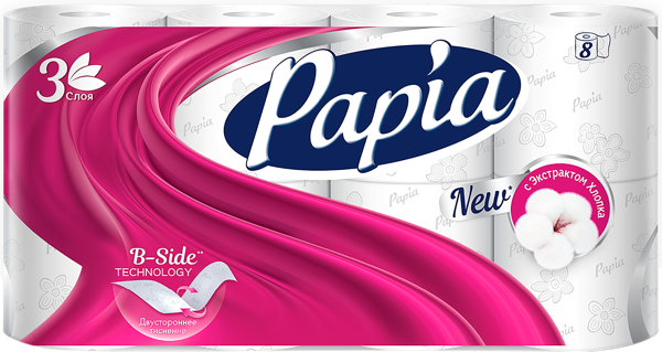 Изображение Туалетная бумага 3х слойная Папия белая 1120 листов Хаят Маркетинг м/у, 8 шт