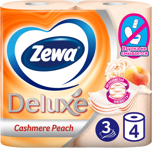 Изображение Туалетная бумага 3х слойная Зева делюкс персиковая 600 листов ЭвоКом м/у, 4 шт