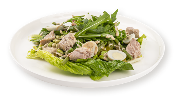 Изображение Салат с кунжутной заправкой С тунцом, бобами, кукурузой, перепелиным яйцом СП ТАБРИС вес 