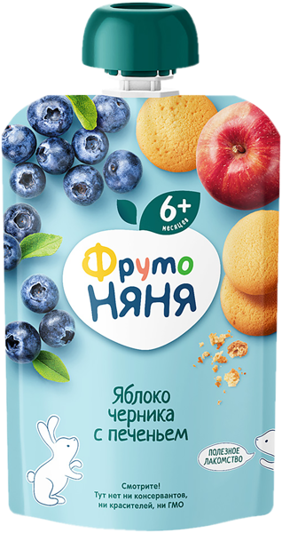 Изображение Пюре фруктовое с 5 мес Фрутоняня яблоко черника печенье Прогресс с/б, 100 г