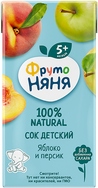 Изображение Сок с 5 мес без сахара Фрутоняня яблоко персик с мякотью Прогресс т/п, 200 мл