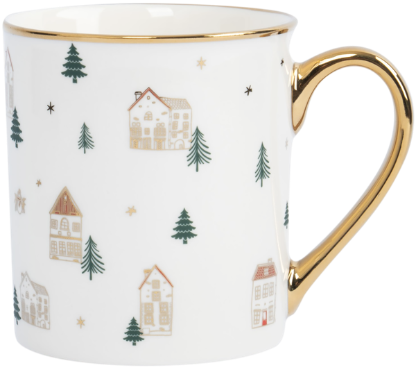 Изображение Кружка 300мл бело-золотая Анна Лафарг домики елки фарфор Хуаньюй Сэрамик кор, 1 шт