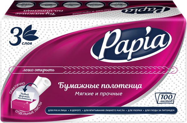 Изображение Полотенце бумажное 3х слойное Папия белое Хаят Маркетинг к/у, 100 шт