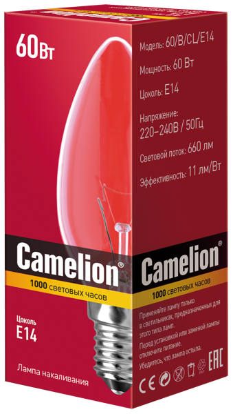 Изображение Лампочка 60Вт Е14 2700К Камелион свеча прозрачная БЭЛЗ кор, 1 шт