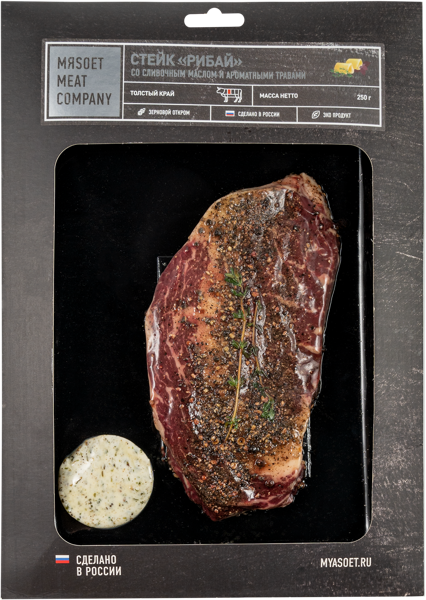 Изображение Мясо и аромат травами Мясоет Мит Компани Стейк Рибай со слив масло Митскаут в/у, 250 г