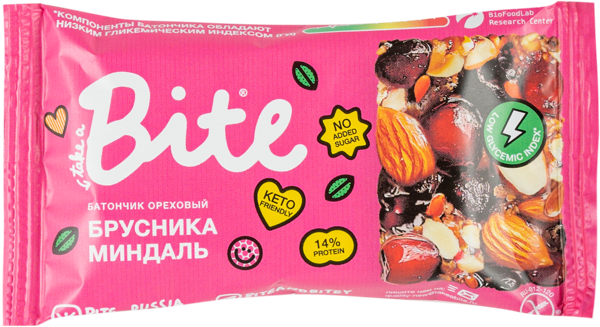 Изображение Батончик ореховый Байт брусника-миндаль Биофудлаб флоупак, 30 г