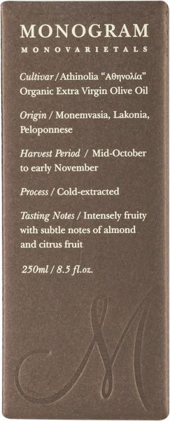 Изображение Масло оливковое 0,4% Монограм e.v. Атинолия Култивар Анастасиос Манганас кор, 250 мл