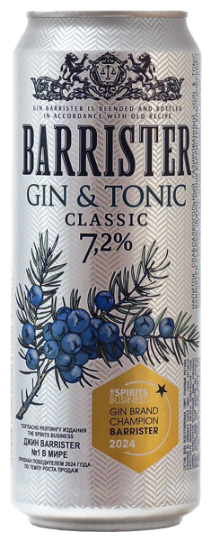 Изображение Напиток слабоалкогольный 7,2% Барристер джин тоник Браво премиум ж/б, 0,45 л