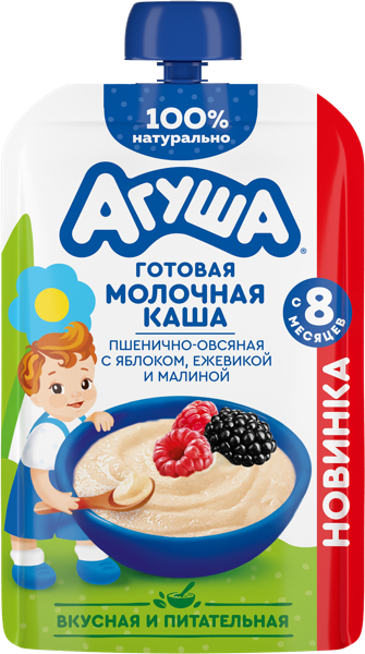 Изображение Каша с 8 мес с молоком Агуша яблоко ежевика малина ВБД пауч, 100 г