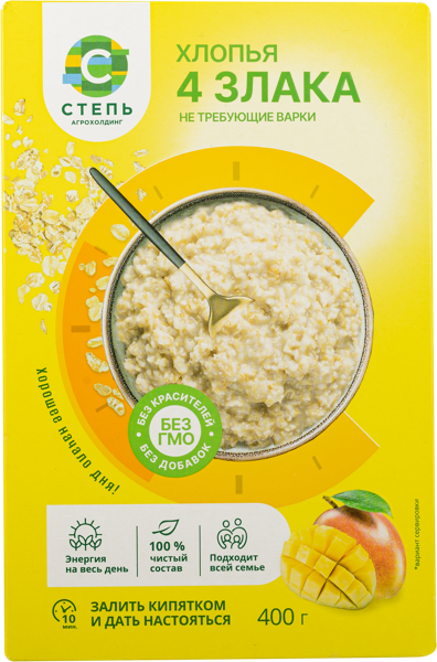 Изображение Хлопья Агрохолдинг Степь 4 злака Инвестпром-Опт к/у, 400 г