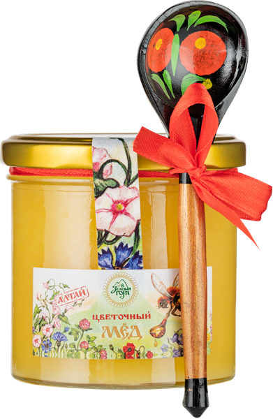 Изображение Мед цветочный Зеленая гора с ложечкой хохлома Экорегион ТД с/б, 400 г