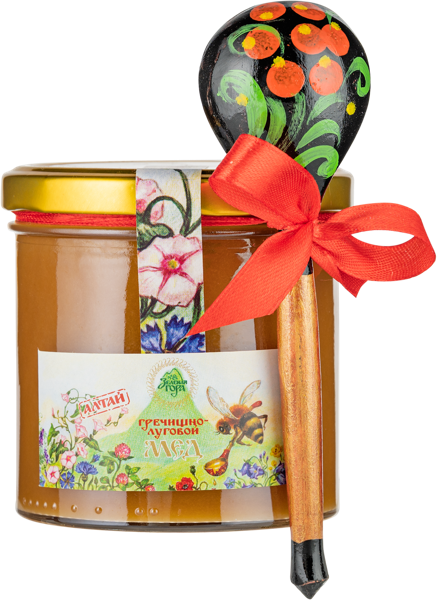 Изображение Мед гречишно-луговой Зеленая гора с ложечкой хохлома Экорегион ТД с/б, 400 г