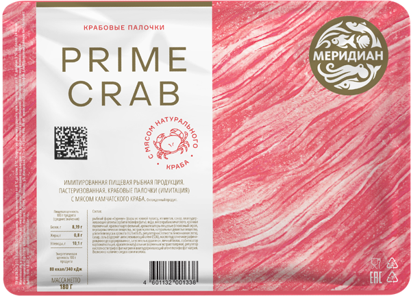 Изображение Продукция из сурими охлажд. Меридиан крабовые палочки прайм кр Меридиан ПКП в/у, 180 г