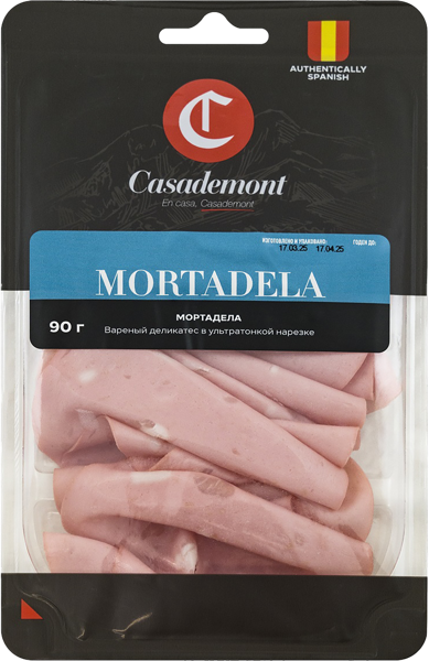 Изображение Колбаса нарезка Касадемонт мортаделла вареная Пит-продукт защ атм, 90 г