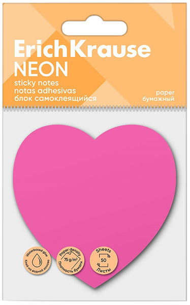 Изображение Блок 50л самоклеящийся Эрих Краузе неон розовый сердце Эрих Краузе м/у, 1 шт