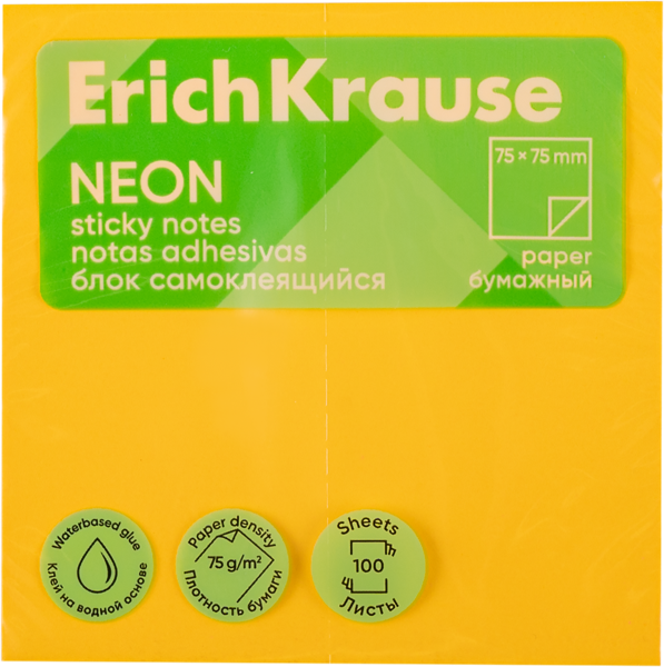 Изображение Блок 100л самоклеящийся Эрих Краузе неон оранжевый Эрих Краузе м/у, 1 шт