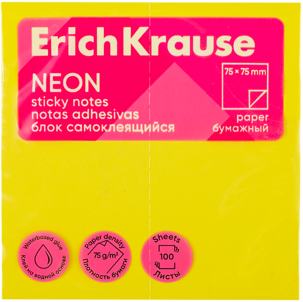Изображение Блок 100л самоклеящийся Эрих Краузе неон желтый Эрих Краузе м/у, 1 шт