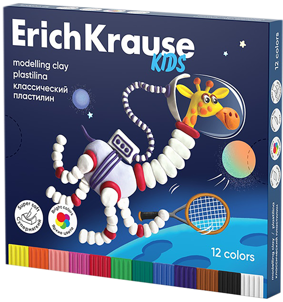 Изображение Пластилин 12 цветов со стеком Эрих Краузе кидс спейс энималс Эрих Краузе карт/уп, 12 шт