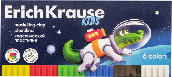 Изображение Пластилин 6 цветов со стеком Эрих Краузе кидс спейс энималс Эрих Краузе карт/уп, 6 шт