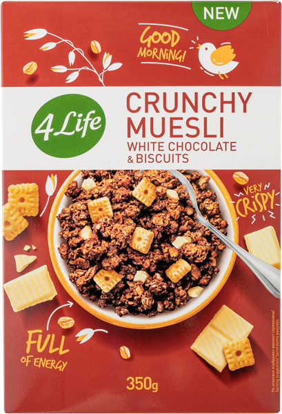 Изображение Мюсли цельнозерновые овсяные 4 Лайф белый шоколад печенье Могадор к/у, 350 г