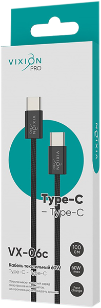 Изображение Кабель 1м черный текстильный Виксион тайп-с VX-06c 60W Дунгуань Пуджи Электроник карт/уп, 1 шт