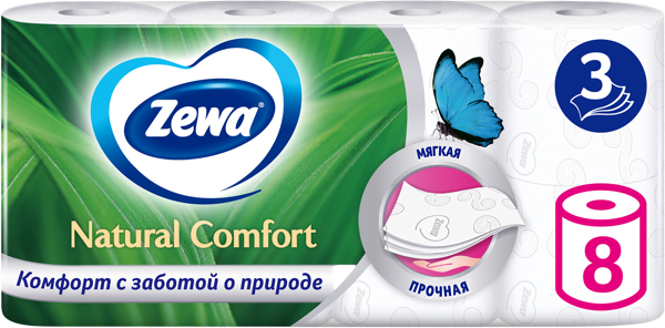 Изображение Туалетная бумага 3х слойная Зева нэйчералс белая без аромата ЭвоКом м/у, 8 шт