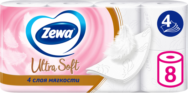 Изображение Туалетная бумага 4х слойная Зева ультра софт белая без аромата ЭвоКом м/у, 8 шт