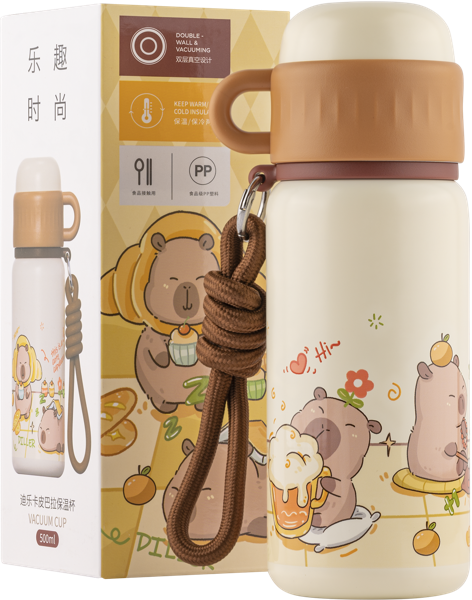 Изображение Термос 500мл стальной Диллер капибара со шнурком Диллер к/у, 1 шт