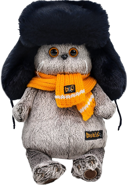 Изображение Мягкая игрушка 25 см Будибаса басик в меховой шапке и шарфе МПП ООО к/у, 1 шт