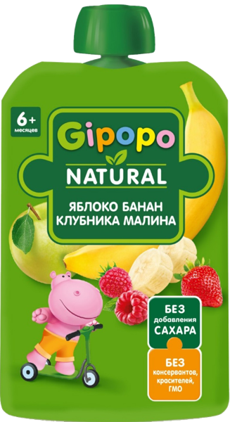 Изображение Пюре с 6 мес Гипопо яблоко банан малина Иваново пауч, 90 г