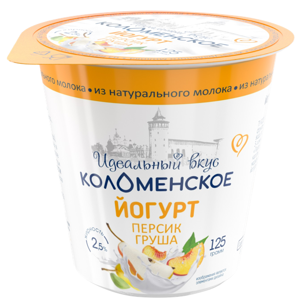 Изображение Йогурт 2,5% Коломенское персик груша Коломенское п/б, 125 г