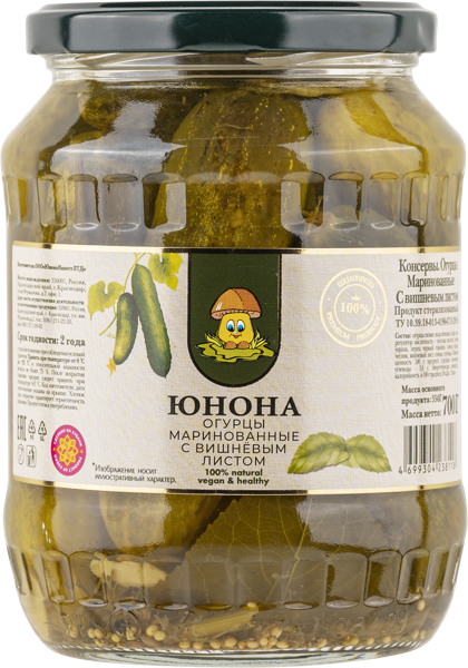 Изображение Огурцы маринованные Юнона с вишневым листом Юнона Инвест с/б, 700 г