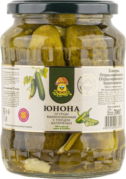 Изображение Огурцы маринованные Юнона с перцем халапенью Юнона Инвест с/б, 700 г