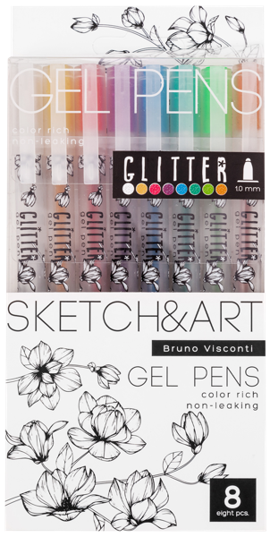 Изображение Ручки 1мм цветные гелевые Бруно Висконти уни райт глиттер Джи Си Эф Индастри к/у, 8 шт