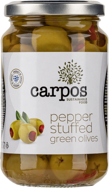 Изображение Оливки с перцем Карпос Халкидики зеленые Хигас Георгиадис с/б, 355 г