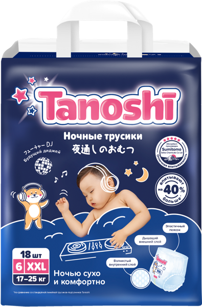 Изображение Трусики XXL 17-25 кг Таноши ночные Фуджиан Лиао м/у, 18 шт