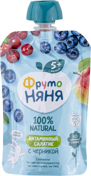 Изображение Пюре фруктовое с 5 месяцев Фрутоняня Витаминный салатик черник Прогресс пауч, 90 г