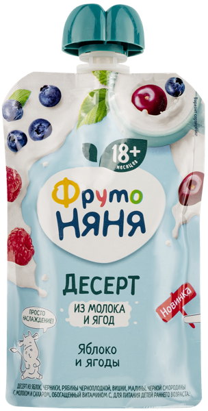 Изображение Десерт с 18 месяцев с молоком Фрутоняня яблоко ягоды Прогресс пауч, 90 г